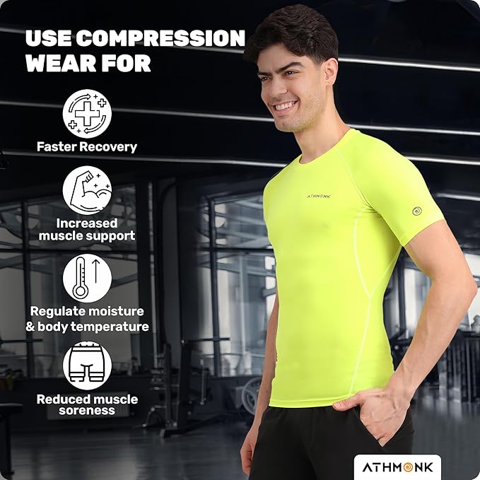 Athmonk Compression T-Shirt Vest Body Shaper Half Sleeve for Men Boys Branded - Nylon Lycra Fabric - Workout Gym Cricket Football Sports Training - Keep Dry Tight Skin Fit - Round Neck